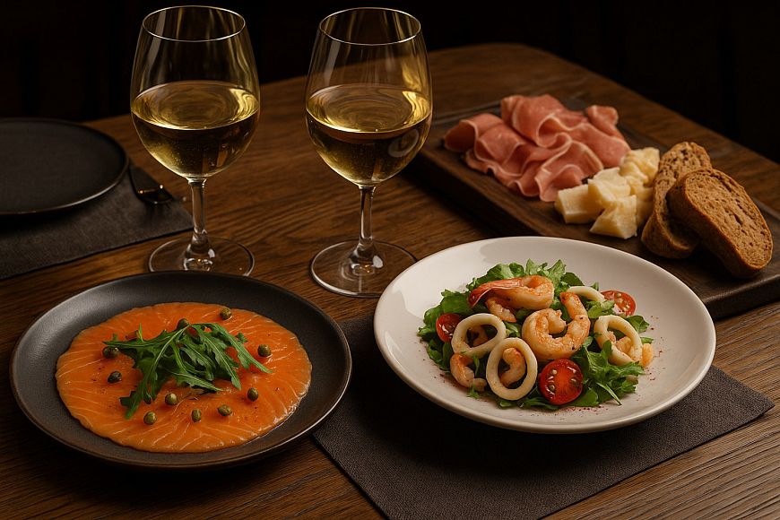 Ужин на берегу: вино и деликатесы