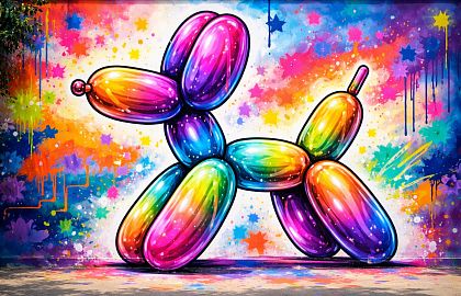 Роспись собачки Balloon Dog в модной технике флюид-арт